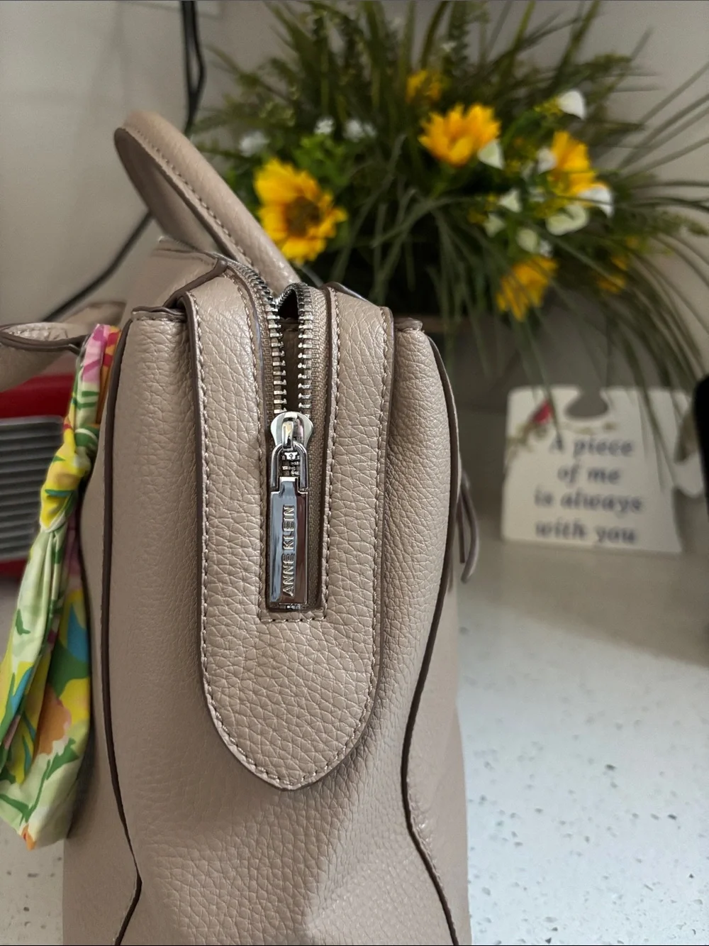 Anne Klein Truffle Color Pebbled  Satchel with Floral Scarf Accent